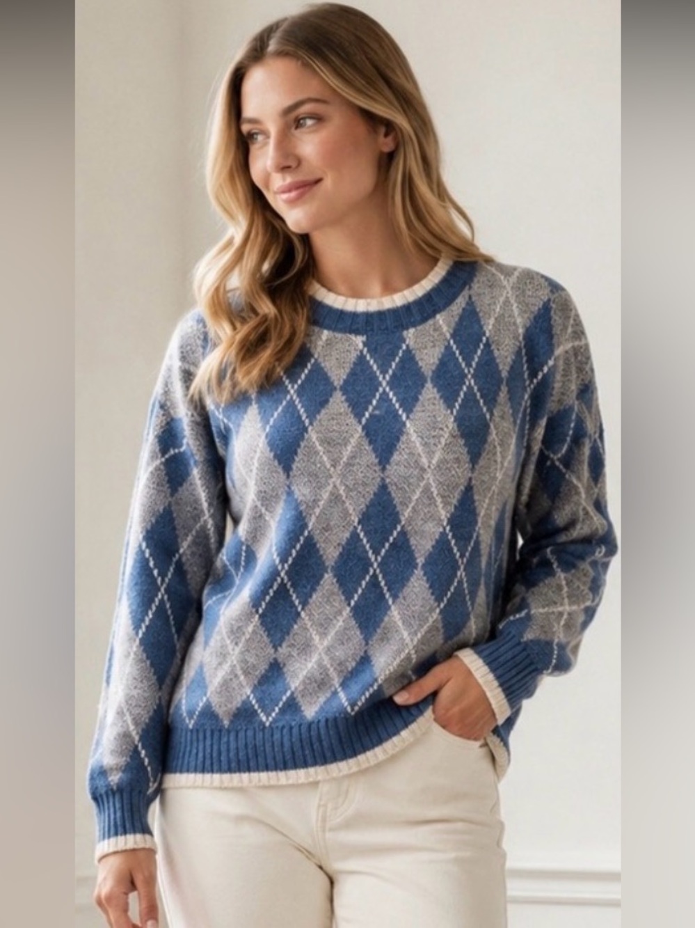 Vintage Blue Gray Argyle Sweater Women’s Large Preppy Academia Wool Blend